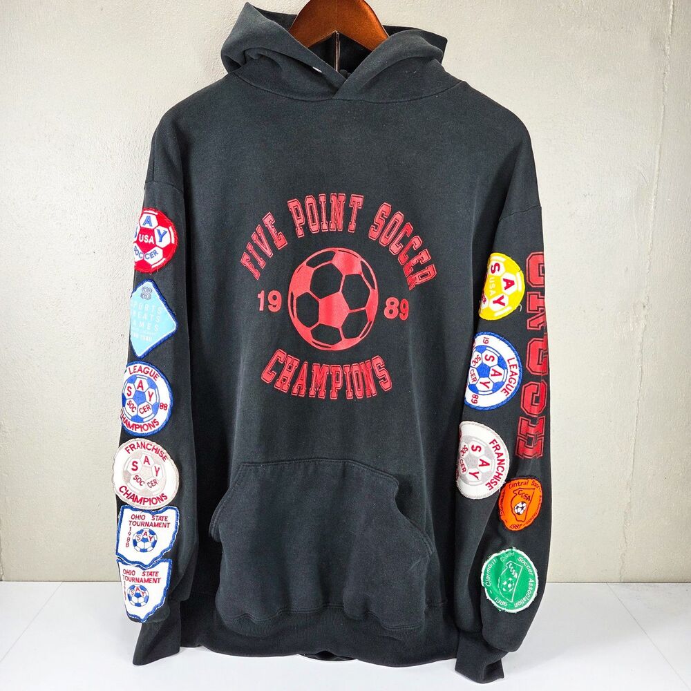 Vintage 80s Jerzees Five Point Soccer Champions Multi Patch Hoodie Sz XL